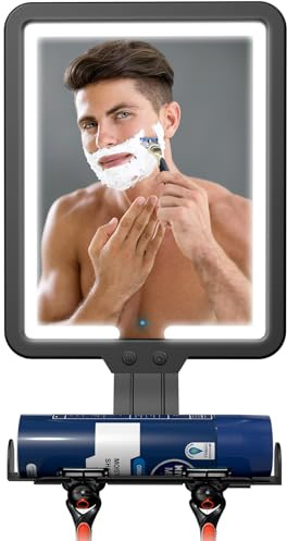 Lighted Shower Mirror Fogless for Shaving, Heated Fog Free Large 9.5*7inch 3 Color Modes Dimming Shower Shaving Mirror with Light, Rechargeable Anti-Fog Shower Mirror with Storage Tray & Razor Holders
