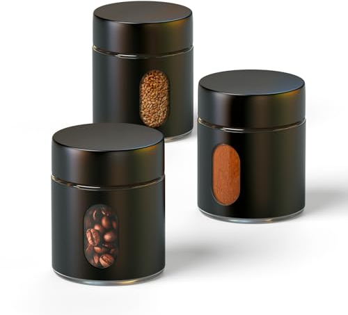 Enfmay Barattolo Caffè Ermetico, Barattolo per Caffè, Contenitore Vetro, Portatile Lattina Sottovuoto con Finestra Trasparente, per Cucina, Ufficio, Viaggi, Set 3, Nero