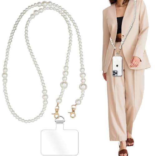 NATOSU Pearl Handy-Umhängekette, Handy-Lanyard, universeller Handy-Kettengurt mit Tether-Patches, kompatibel mit den meisten Handys