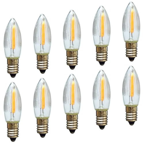 Erzgebirgslicht - AUSWAHL - 10 Stück LED Filament Topkerze 12 V 0,2 W für AUSSEN, für 20 Brennstellen E10 Riffelkerze Ersatzbirne Glühbirne Glühlämpchen für Lichterketten Pyramide Schwibbogen