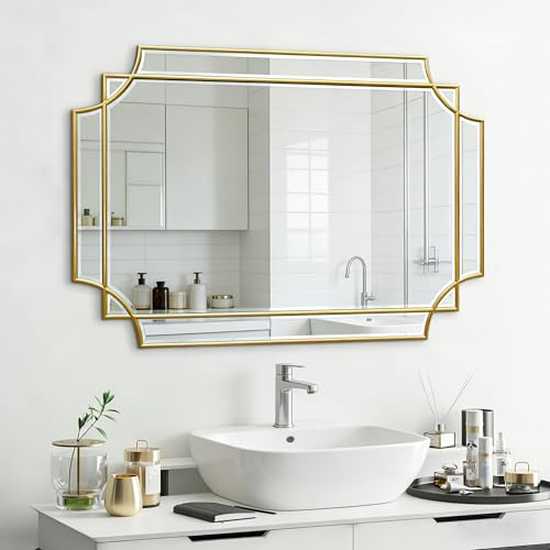 womilous Gold Beveled Mirror, 36x24 Geometric Art Deco Wall Mirror with Wood Frame, Modern Elegant Rectangle Mirrors for Living Room Bedroom Hallway Entryway, Horizontal or Vertical Hanging