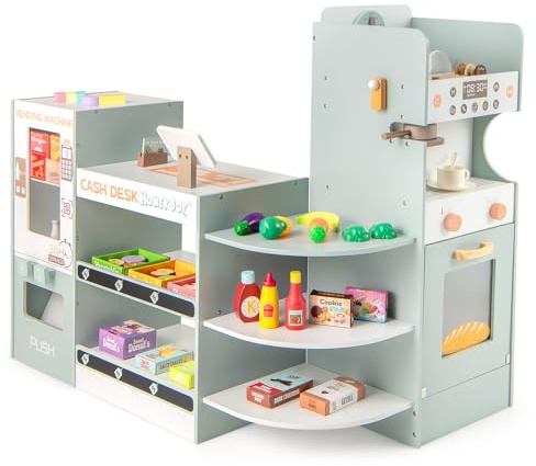 COSTWAY Köpbutik för barn, köpmansbutiker trä inklusive tillbehör (grön) | Stormarknad med automat, kassa, kaffebryggare och ugn, försäljningsstativ diskar, shoppingbutik för barn från 3 år