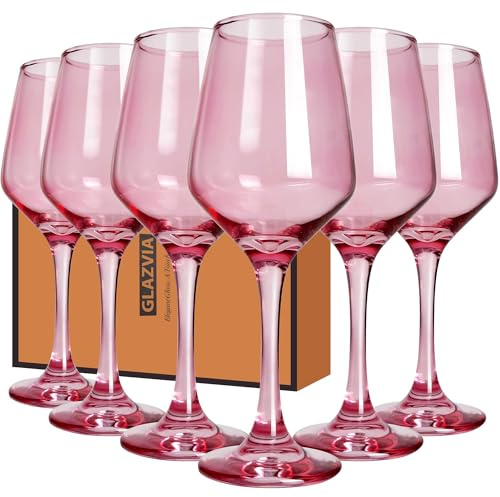 GLAZVIA Pink Wine Glasses Set of 6, 14oz Stemmed Glasses, Thick & Colored, Dishwasher Safe Stemware for Red or White, Gift for Party, Holiday, Anniversary, Restaurant, Home Bar, Daily Use