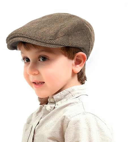 Gorra Plana de Lana para niños – Gorra de Tweed Vintage para niños y niñas pequeños (para 4-9 años), Caqui Oscuro, 4-9 años