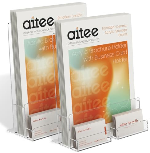 AITEE A4 Clear Leaflet Holder: Acrylic Brochure Dispenser with Business Card Holder Freestanding Booklet Flyer Stand for Counter Office Restaurant Reception - 2 Pack
