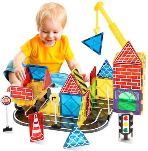 Mauikay Magnetische Bausteine Straßenset mit ausfahrbarem Kran - Konstruktionsspielzeug ab 3 4 5 6 7 Jahren - Kreatives Lernspielzeug für Jungen & Mädchen Kinder (A)