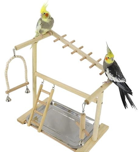 Kixolazr Parque para Aves - Juguetes De Madera con Columpios Y Escaleras | con Bandeja Y Taza De Acero Inoxidable Extraíbles En Soporte De Madera para Loros | para Posarse Forrajear Entrenar Interior