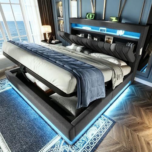 King Size Ottoman Bed Frame with Hydraulic Lever&LED Concealed Storage Headboard,5ft Upholstered Platform Bed with LED Lighting&USB Charging,Gas Lift Up Fabric Storage Bed with Slats,Grey,No Mattress