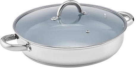 Cooks Professional Stainless Steel Sauté Pan with Heat Resistant Side Handles, 4.5L Capacity, Non-Stick Ceramic Interior & Glass Lid | Dishwasher Safe Cooking Pan Pot | Suitable for All Hobs