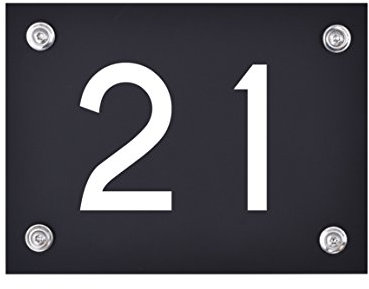 Hausnummer Schild 21 aus Acryl, Hausnummernschild in schwarz, mit weißer Schrift inkl. Zubehör