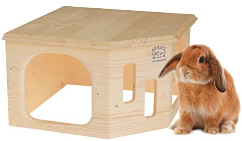 Resch Nr33 Kaninchenecke Groß naturbelassenes Massivholz aus Fichte, Haus mit 2 großen Eingängen für Kaninchen und Meerschweinchen