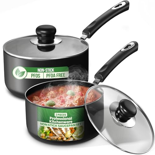Utopia Kitchen Nonstick Saucepan Set, Cooking Pots with Lids, 1 Quart and 2 Quarts Multipurpose Kitchen Small Pots for Cooking Nonstick With Lids, 1 qt & 2 qt Set, Grey & Black