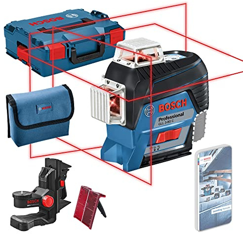 Bosch Professional 12V System Laser Level GLL 3-80 C (Without Battery and Charger, red Laser, w/app Function, Mount, Working Range: 30m, in L-BOXX)