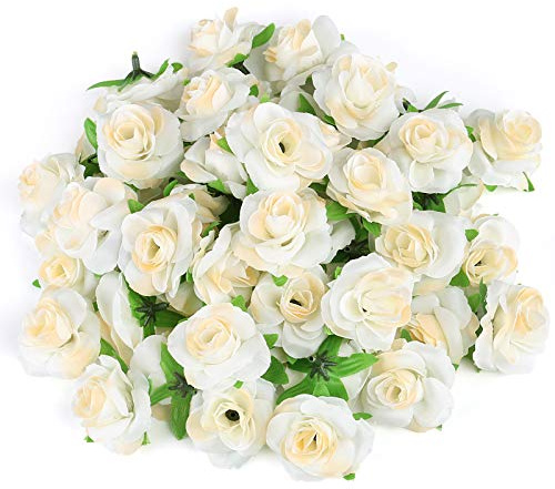 Kesote 50 Pezzi di Teste di Rosa Artificiale di Seta, Fiori di Seta, Rose Artificiali di Decorzione per Matrimonio, Festa, Casa, Bianco, 4CM