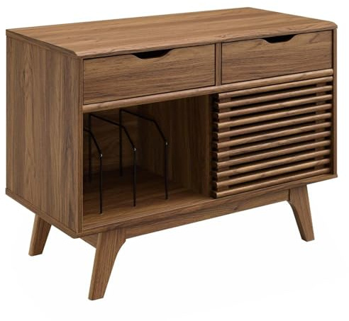 Modway Render Mid-Century Modern Vinyl Record Storage Display Cabinet, 37 Inch, Walnut