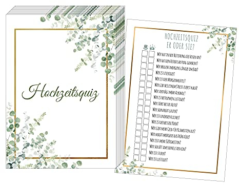 JEKA 50 Karten Hochzeitsquiz, Hochzeitsspiel Braut oder Bräutigam, Hochzeitsspiele für Gäste, Hochzeitsspiel Brautpaar, Hochzeitsgeschenk (Gold Grün)