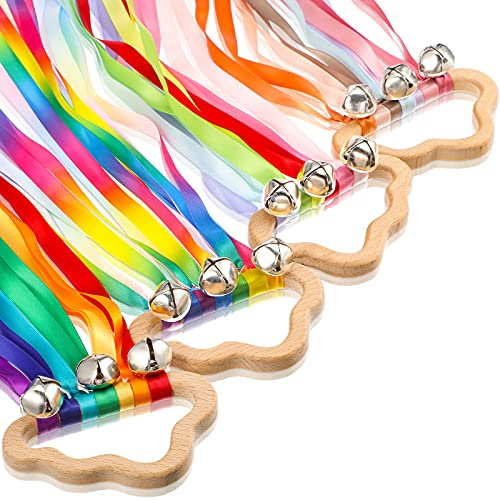 Aoriher 4 Pieces Rainbow Hand Ribbon Kite with Bells Wind Wand Dancing Ribbon Streamer Cloud Wood Sensory Toys Wooden Educational Toy for Party Birthday(Bright Colors)