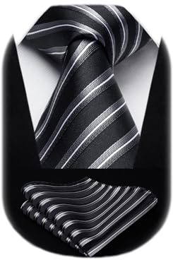 HISDERN Mens Tie Black Sliver Stripe Tie and Pocket Square Set Formal Striped Silk Necktie Handkerchief for Work Wedding Neckties Classic 3.4''