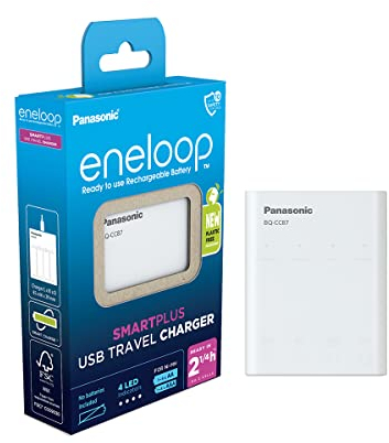 eneloop SmartPlus Travel Cargador USB, para 1-4 Pilas Recargables AA/AAA, 2.25h de Tiempo de Carga, 10 Funciones de Seguridad