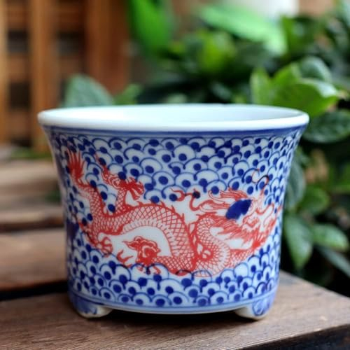 LWLYLCHBM Jingdezhen Chinoiserie - Maceta de cerámica pintada a mano de porcelana azul y blanca pintada a mano, flor de ciruelo, espárragos, suculentas, bonsái, decoración de plantas en maceta, 9 x