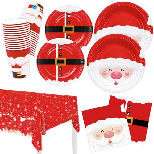 HNH jultomte papperstallrikar servetter pappersmuggar bordsduk festservis 101 set röd jultallrik julservetter julmugg till jul