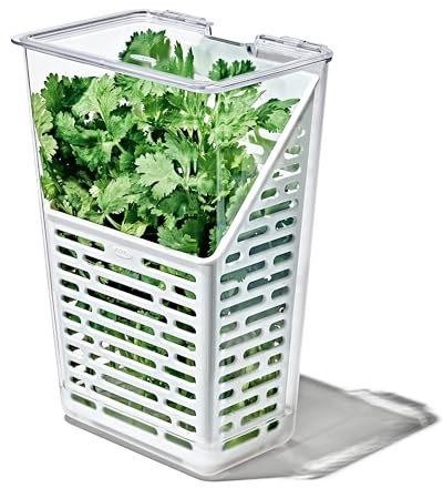 OXO Good Grips Produce Saver – Herb Keeper, Ventilated Basket, Hinged Lid, BPA‑Free, Dishwasher Safe, Fridge Herb Storage (White)