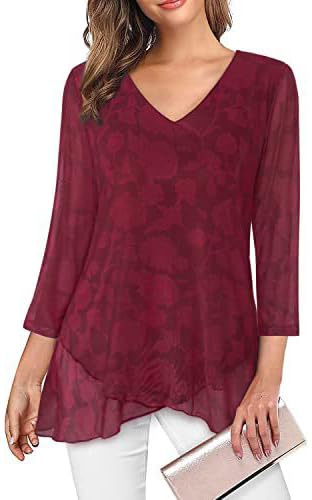 SHEKINI Dam, v-ringad, lätt meshtunika, skjorta, klockärmar, 3/4 ärmar, ledig, chiffongblus, eleganta snören, chiffong, volang, asymmetrisk fåll, damblus, Grön, XL