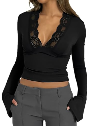 SamHeng Women's Long Sleeve Tops Sexy Lace Deep V Neck Trumpet Sleeve Crop Top Slim Fit Base Shirt Long Bell Sleeve Cropped Tee Tops Fashion Casual Solid Color Blouse Top Tee Shirts (Black-L)