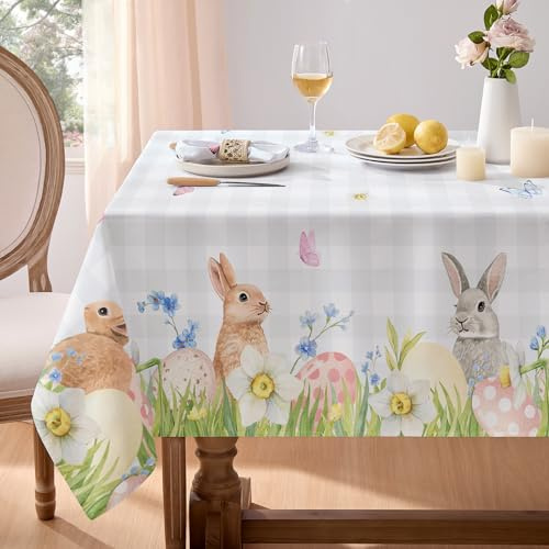 Softalker Tovaglia Pasquale 6 posti 180x140 cm Rettangolare Tovaglia Antimacchia a Quadretti con Coniglietti e Uova Eleganza Perfetta per la Tavola Festiva per Primaverile Compleanno,Esterno,Picnic