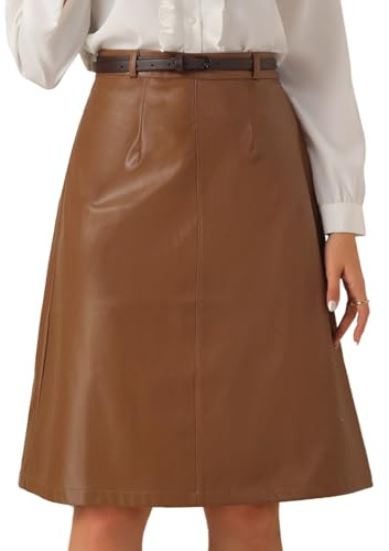 Allegra K Mujer Faldas De Piel Sintética con Cinturón Vintage Falda Lápiz Una Línea De Cintura Alta Falda Midi Disfraz de Navidad, Halloween marrón Oscuro L