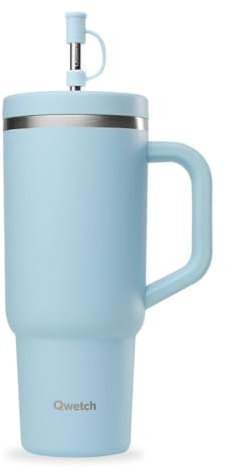 QWETCH - Travel Cup 900ml avec Paille & Anse - 48h Glacé / 12h Froid - Gourde Isotherme Inox Recyclé - Mug avec Bouchon à Vis Anti-Éclaboussures - Tasse Thermo - Bleu Pastel