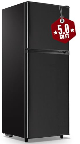 WANAI Large Capacity Fridge with Freezer, 5.0 CU.FT Refrigerator with 2 Door & 7 Gear Mechanical Control & Side Bottle Rack, LED Light, Ideal for Dorm, Kitchen, Apartment, Office, Black