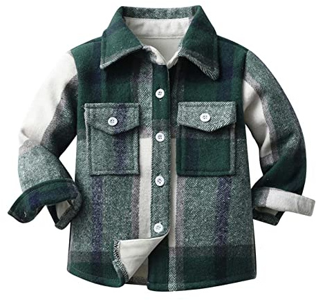 AMhomely Fleece Shirt Kids-Winter Checked Shacket,Cotton,Button Down,Long Sleeve,Plaid,Lapel,Breasted Pocket,Casual Comfortable,Boys Girls Shirt Coat for School A Green 7-8 Years