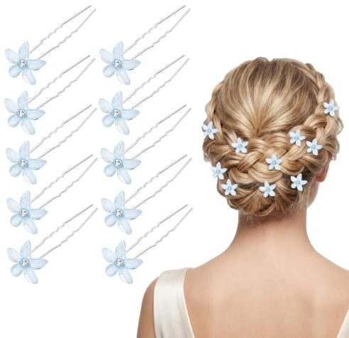 10Pcs Blue Flower Hair Pins for Wedding Prom Blue Bridal Hair Accessories | Something Blue for Bride, Rhinestone U-Shaped Hair Pins