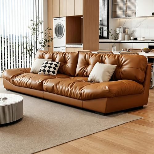Italiensk modern minimalistisk brun lädersoffa, massiv träram, rymlig och mjuk soffa, modern stor storlek, lämplig för vardagsrum/kontor/lägenhet/villa.