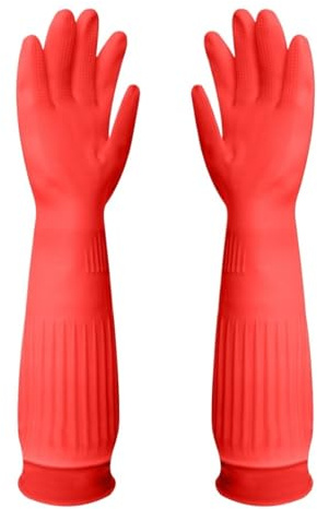 RTBVGHJIK Rengöring av silikonhandskar 1 par längd disktvätt gummi diskhandske skrubb för hushållsbruk kök ren verktyg (45 cm röd, S)