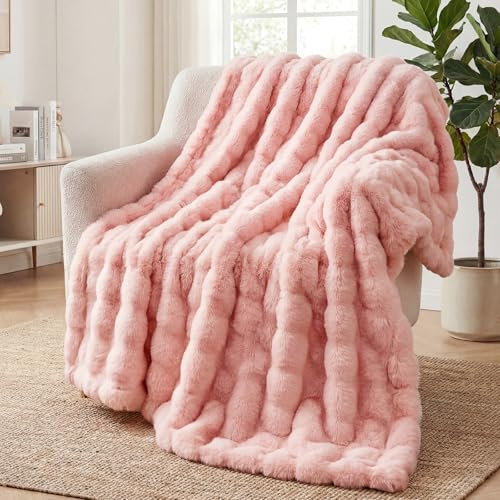 SHANNA Couverture en polaire, fausse fourrure de lapin, moelleuse et chaude, polyvalente, 1 000 g/m² d'épaisseur, 130 x 160 cm, rose