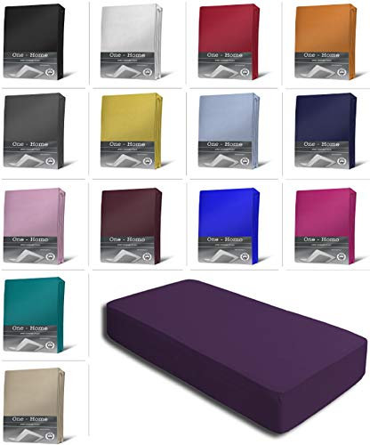 one-home Jersey Spannbettlaken Spannbetttuch Bettlaken weich 100% Baumwolle Rundumgummi, Maße:90-100 x 200 cm, Farbe:Aubergine/Lila