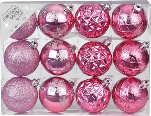 Weihnachtskugeln Kunststoff 6cm x 12 Stück Set mit Muster Mix Christbaumkugeln pink