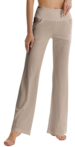 LaiEr Pantalones de Yoga de Corte de Bota para Mujer con Bolsillos de Cintura Alta Acampanados Bootleg Pantalones de Entrenamiento de Yoga con Bolsillos Laterales, marrón Claro, XXL