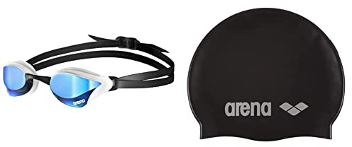 arena Cobra Core Swipe Mirror Goggle, 413748492, 003251, blau/weiß, einheitsgröße & Unisex Badekappe Classic Silikon(Verstärkter Rand, Weniger Verrutschen der Kappe, Weich), Black-Silver (55)One Size