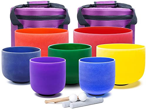Färg Kristall sångskålar, 6-12 tums set, 7 st 12C 11D 10E 9F 8A 7G 6B, med tunga bärväskor, sångskålar, for meditation, kroppsläkning, yoga