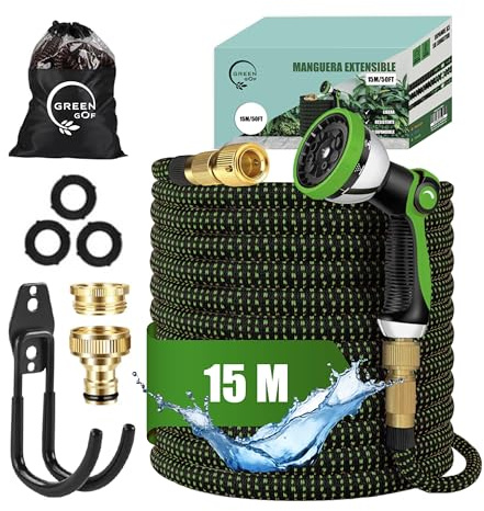 GREENGOF Manguera de Jardín Premium 15 Metros - Boquilla de Pulverización de 10 funciones, Ligera y Extensible - Conectores de Latón y Alta Resistencia con Núcleo de Látex - Color Verde.