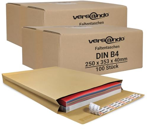 versando 200 bolsas plegables DIN B4 (250 x 353 x 40 mm) 4 cm pliegue para el suelo, color marrón, bolsas para correos, bolsas embalaje