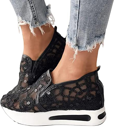 Sneaker da donna con paillette, zeppa, traspiranti, in pizzo, scarpe da corsa estive, per attività all'aria aperta, con glitter, A nero, 39 EU