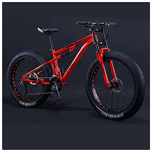 REOTEL Mountainbike för vuxna män och kvinnor, 26 tum 3 och 5 radie fet däck MTB professionell dubbelbroms skiva cykling BTT dubbel fjädring ram kolstål, spökröd, 7-hastighet
