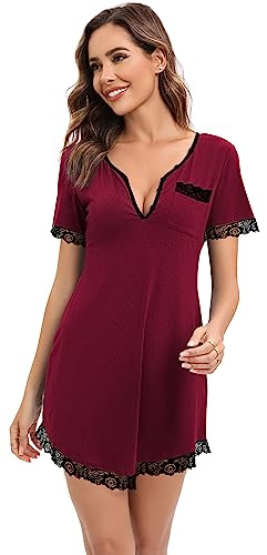 Yukiuiny Chemises de Nuit Femme Coton Dentelle Nuisette Robe de Nuit Courte T Shirt de Nuit Pyjama Casual Col V Sexy Maternité Allaitement Top Confortable Bordeaux*Manche Courte XL