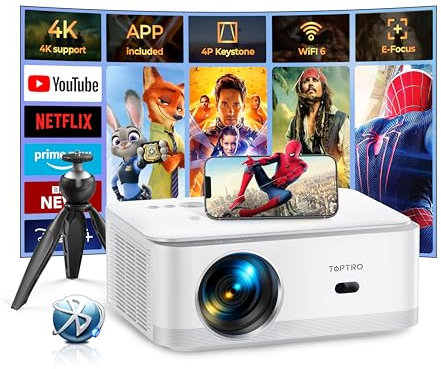 Vidéoprojecteur【App Intégrée&Auto Keystone】30000 Lumens Focus Électrique WiFi 6 Bluetooth Video Projecteur 4K Supporté, TOPTRO 1080P Full HD Rétroprojecteur Portable, 50% Zoom avec Trépied Home Cinéma