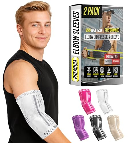 BLITZU Elbow Compression Sleeve for Tendonitis 2 Pack, Tennis Elbow Brace Support for Men and Women Golfers Elbow Pain Relief, Arthritis, Bursitis, Arm Brace for Workout, Weightlifting White S
