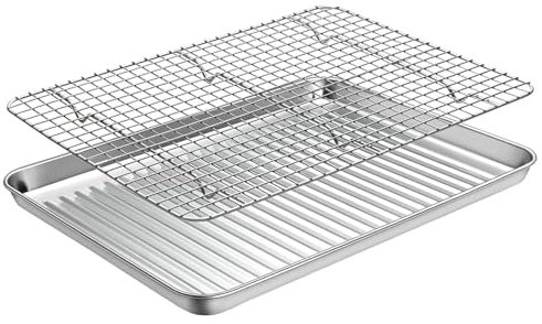 LIGUOYI Piatti da Portata Rettangolari con Griglia di Raffreddamento 41×31cm, 44×32cm Teglie da Forno in Acciaio Inox Antiaderente Teglia per Grasso per Cuocere, Cucinare, Servire(240x180mm)